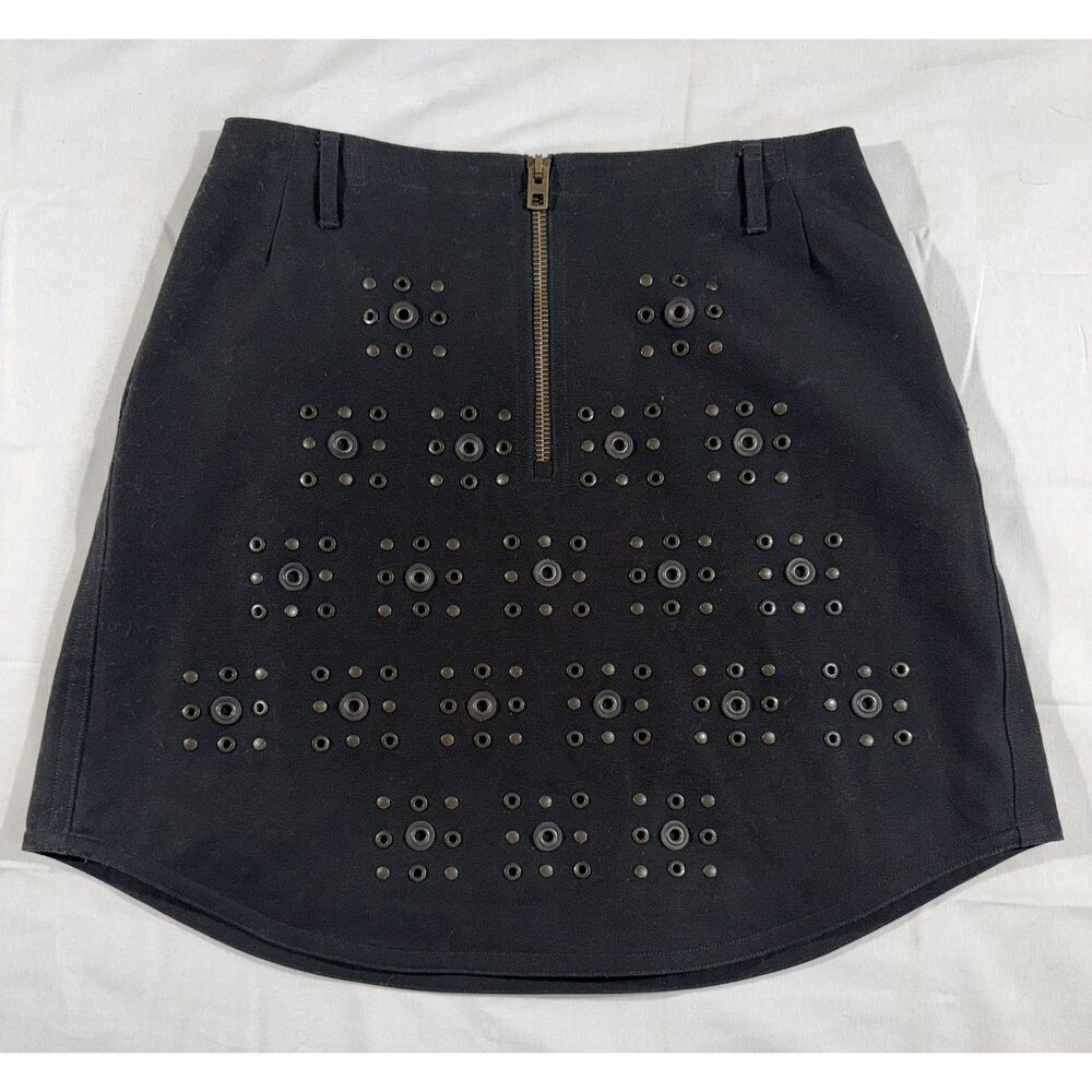 Coach Grommet Round Hem Black Canvas Mini Skirt Size 8 Leather Trim Studded